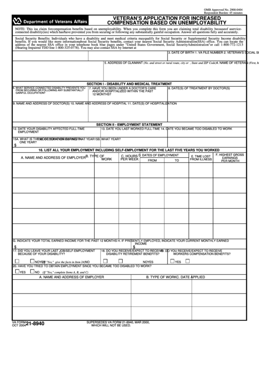 21-8940 Veteran S Application For Increased Compensation Based On Unemployability Printable pdf
