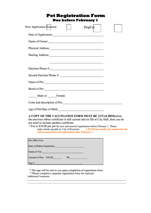 Pet Registration Form - City Of Keystone, Iowa Printable pdf
