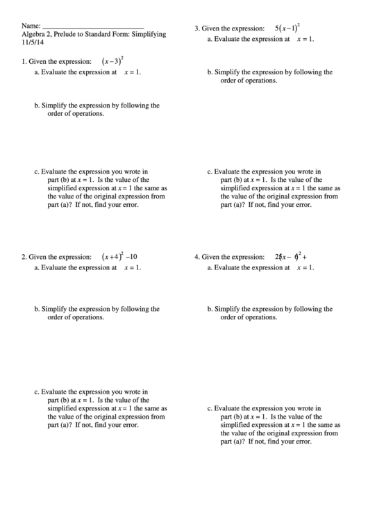 Prelude To Standard Form: Simplifying Worksheet Printable pdf