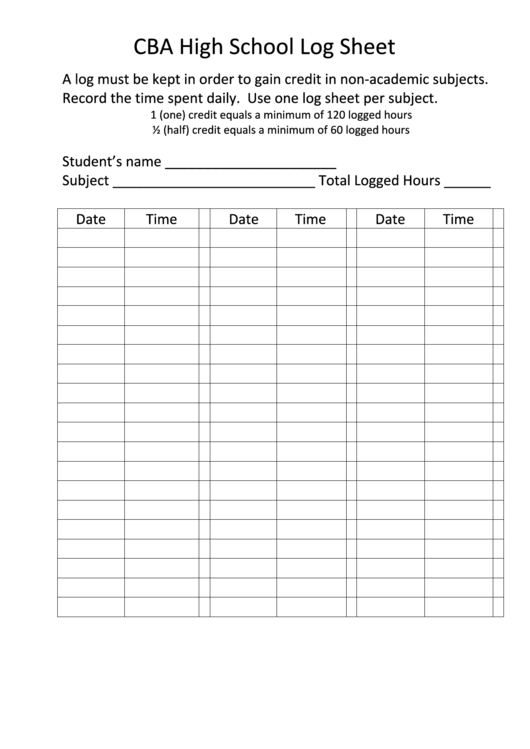 Cba High School Log Sheet - Cedarbrook Academy Printable pdf