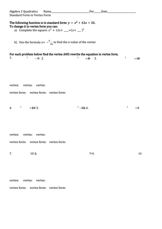 Standard Form To Vertex Form Worksheet printable pdf download