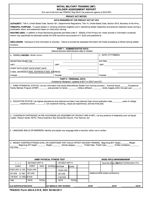 Tradoc Form 350-6-2-R-E Initial Military Training (Imt) Soldier Assessment Report - Army Printable pdf