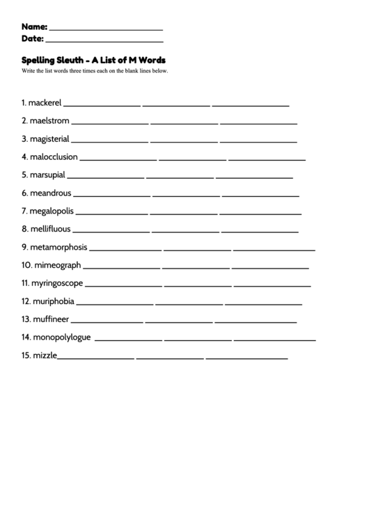 Spelling Sleuth - A List Of M Words Printable pdf