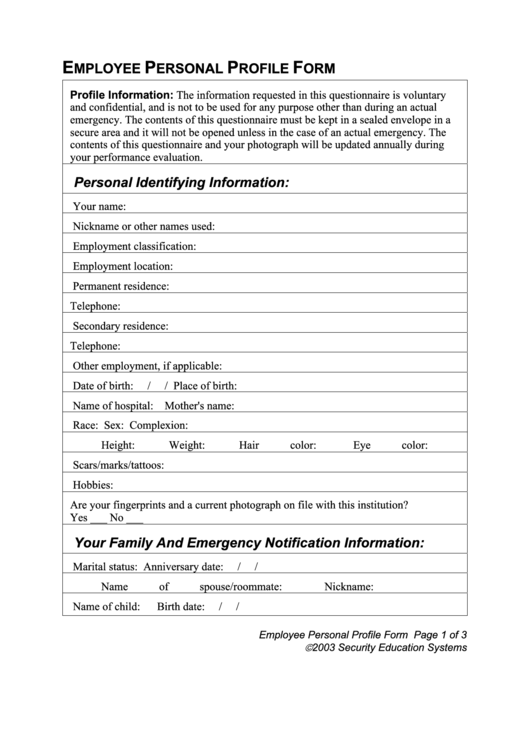 Employee Personal Profile Form Printable pdf
