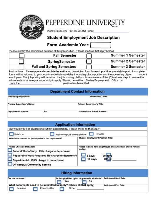 Fillable Student Employment Job Description Printable pdf