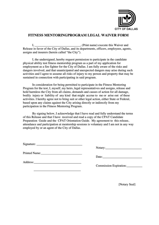 Fitness Mentoring Program Legal Waiver Form Printable pdf