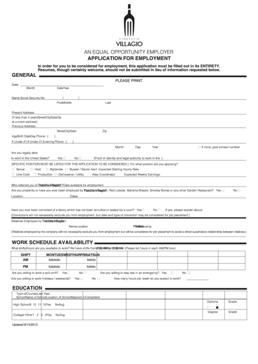 An Equal Opportunity Employer - Application For Employment Form Printable pdf