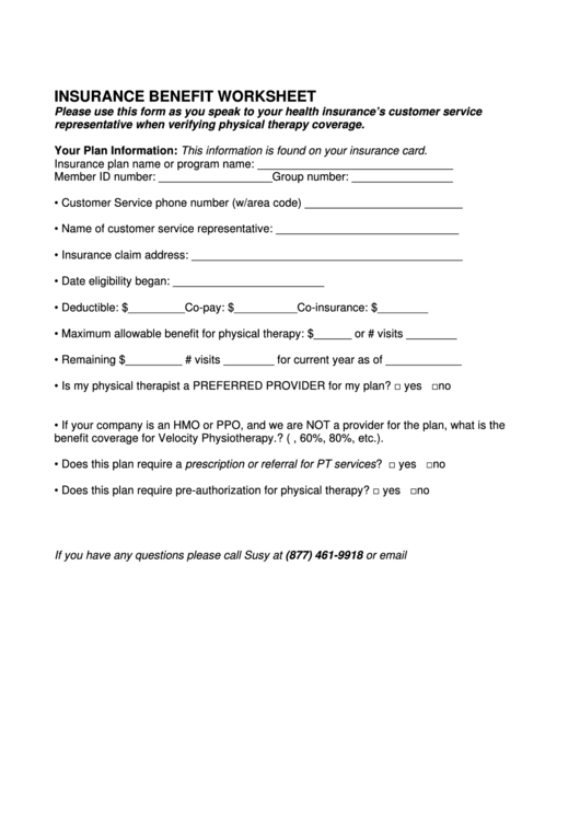 Insurance Benefit Worksheet Printable pdf