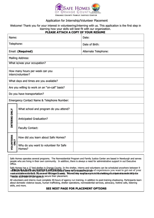 Application For Internship/volunteer Placement Form Printable pdf
