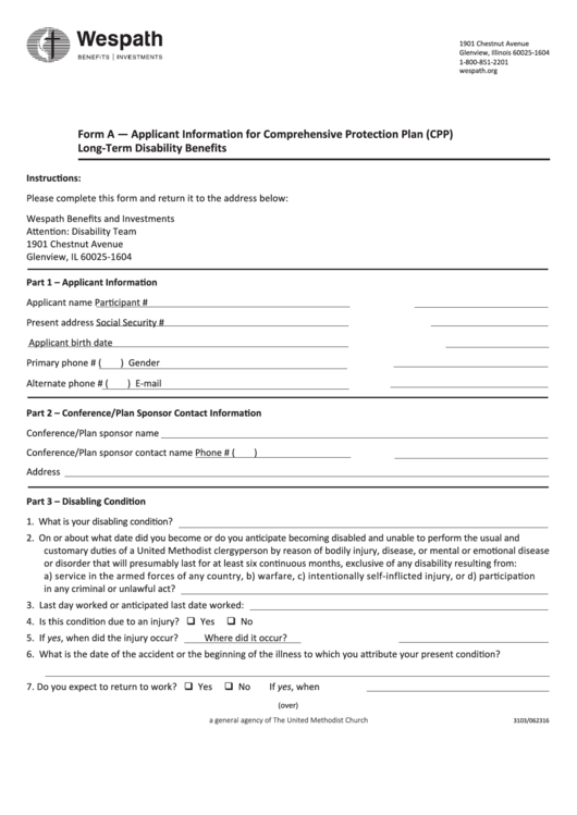 Fillable Form A - Applicant Information For Comprehensive Protection Plan Printable pdf