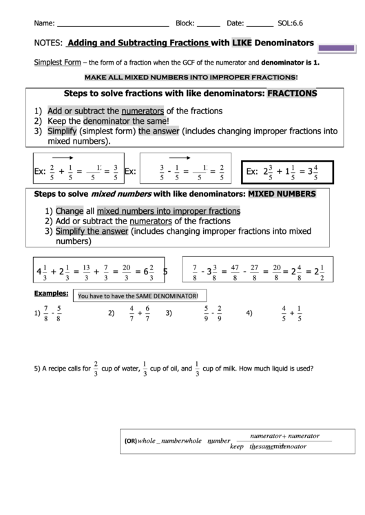 Adding And Subtracting Fractions With Like Denominators Printable pdf