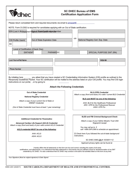 Fillable Sc Dhec Bureau Of Ems Certification Application Form Printable pdf