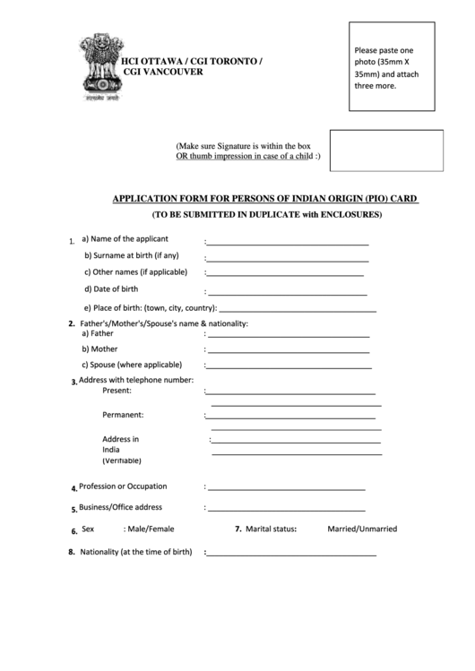 Application Form For Persons Of Indian Origin (Pio) Card (Hci Ottawa / Cgi Toronto / Cgi Vancouver) Printable pdf