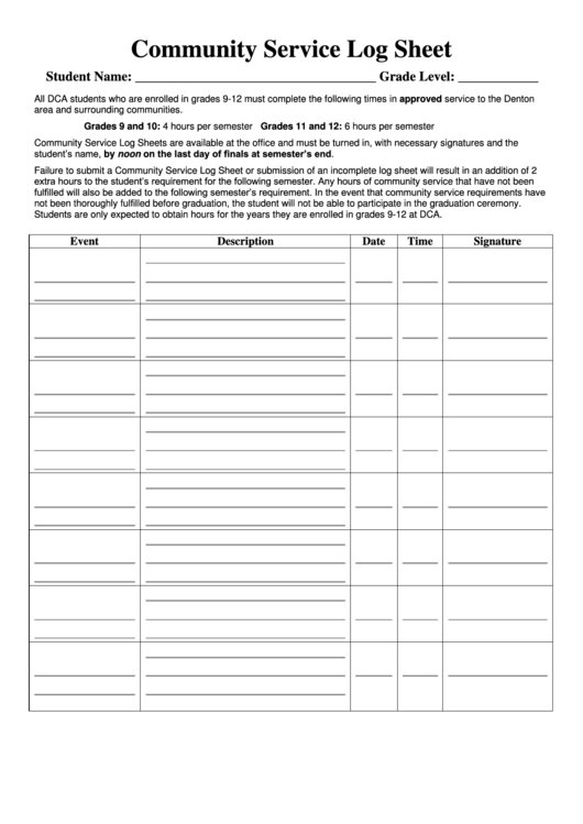Community Service Log Sheet - Denton Calvary Academy Printable pdf