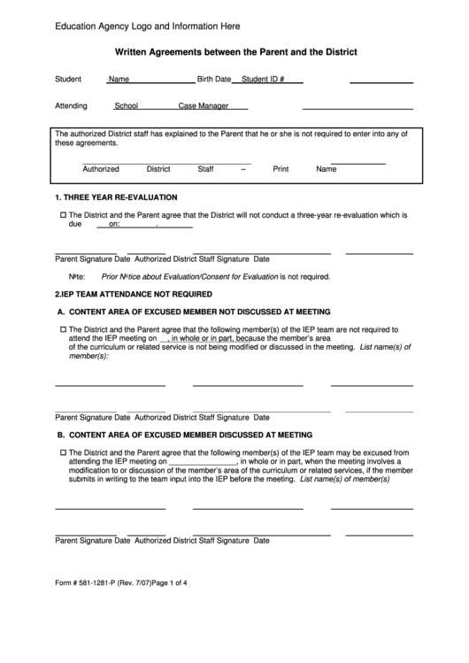 Written Agreements Between The Parent And The District Printable pdf