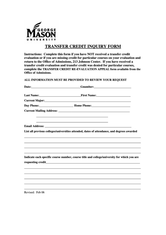 Transfer Credit Inquiry Form - George Mason University