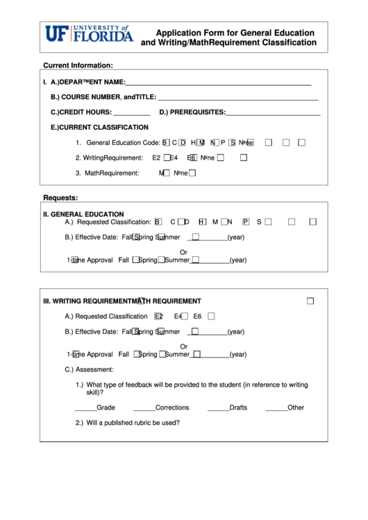 Fillable Application Form For General Education And Writing/math Requirement Classification Uf Printable pdf