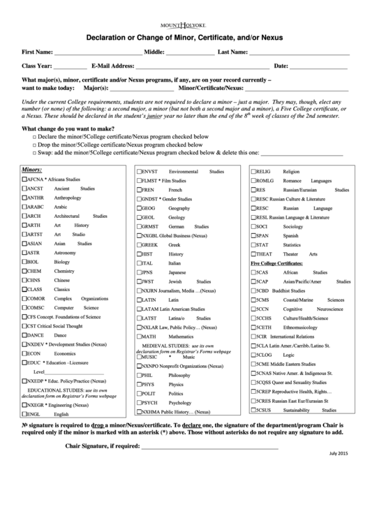 Declaration Or Change Of Minor, Certificate, And/or Nexus - Mount Holyoke Printable pdf