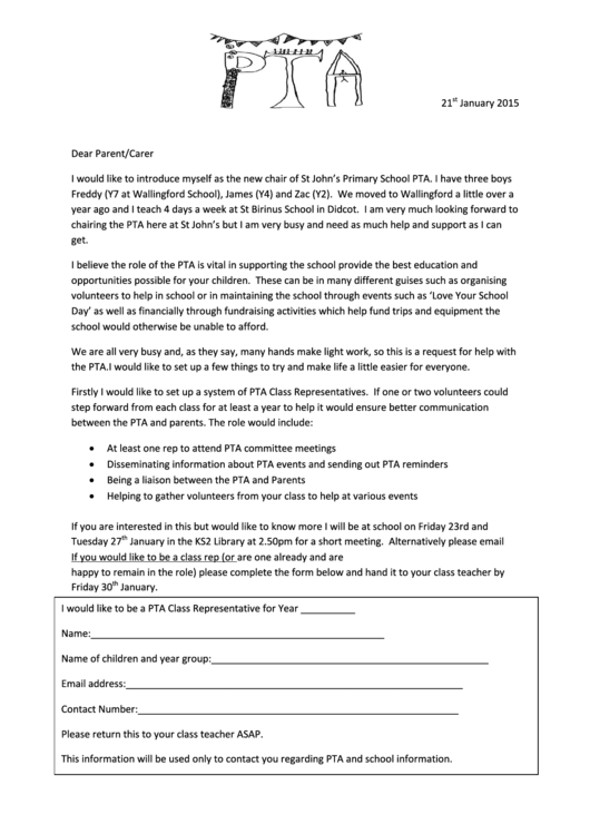 Sample Pta Chair Introduction Letter Printable pdf