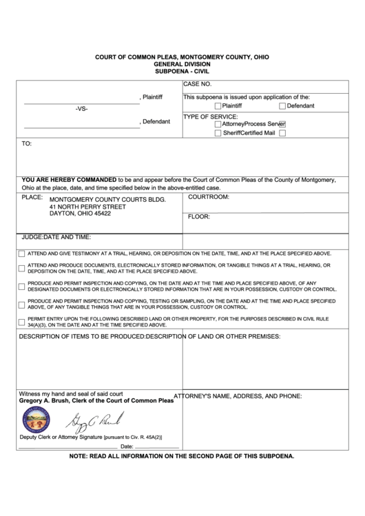 Fillable Civil Subpoena Form - Montgomery County Clerk Of Courts Printable pdf