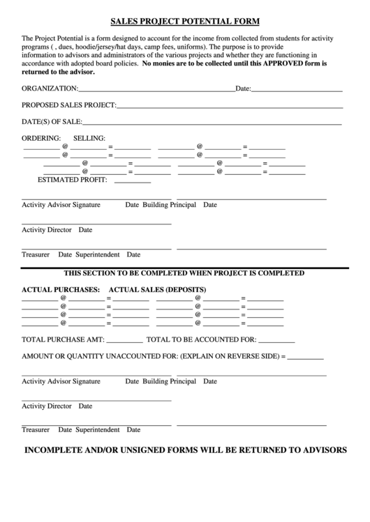 Sales Project Potential Form - Howland Local Schools Printable pdf