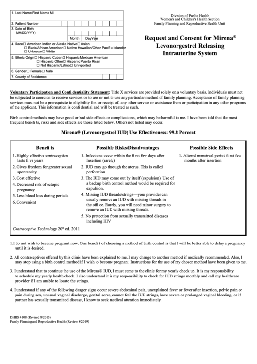 Dhhs 4108 - Request And Consent For Mirena Levonorgestrel Releasing Intrauterine System Printable pdf