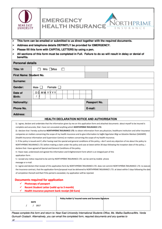 Emergency Health Insurance Form Printable pdf