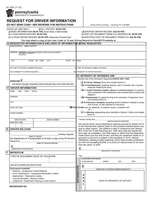 Fillable Form Dl-503 - Request For Driver Information Printable pdf