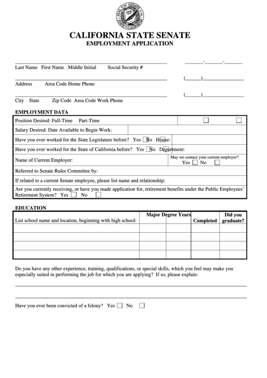 California State Senate Employment Application Form Printable pdf
