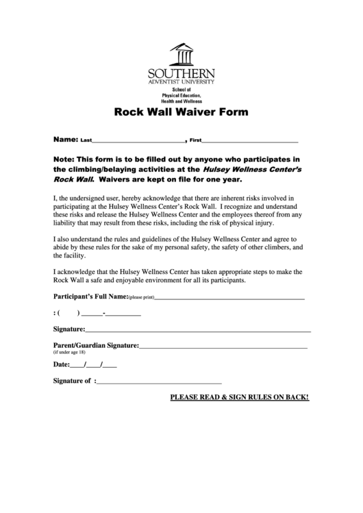 Rock Wall Waiver Form - Southern Adventist University Printable pdf