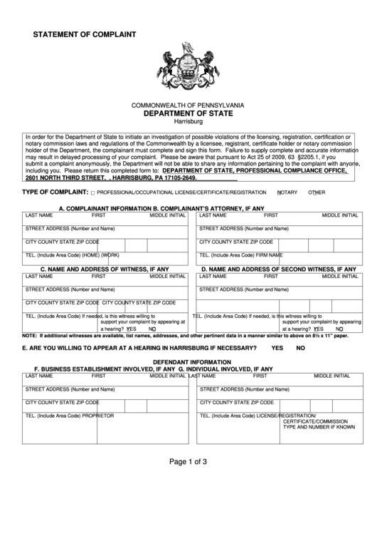 Statement Of Complaint Commonwealth Of Pennsylvania Department Of State Printable Pdf Download