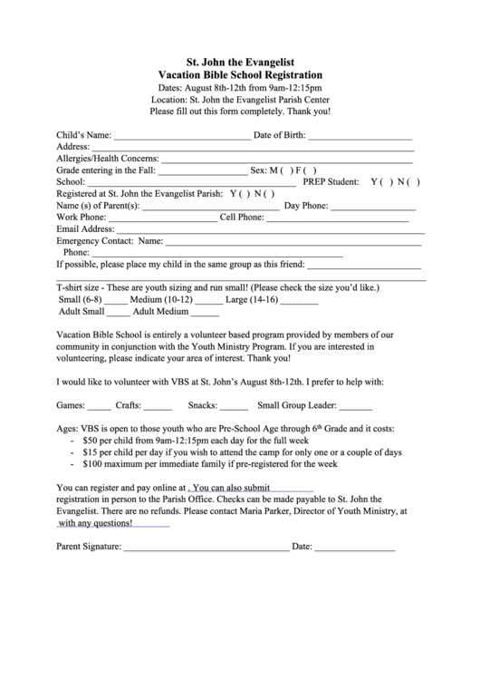 Vacation Bible School Registration - St. John The Evangelist Printable pdf
