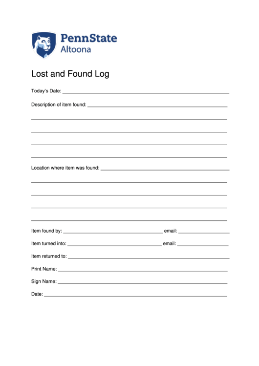 Lost And Found Log - Pennstate Altoona