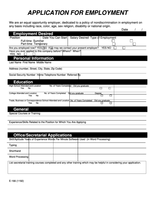 Application For Employment Form Printable Pdf Download 7170