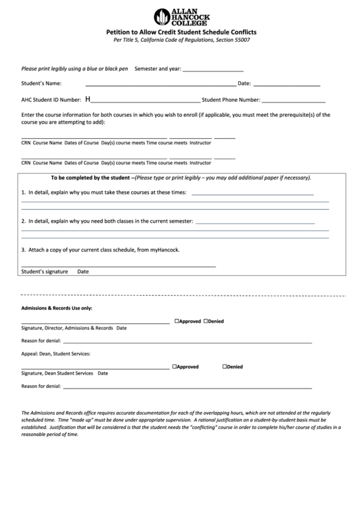 Petition To Allow Credit Student Schedule Conflicts - Allan Hancock College Printable pdf