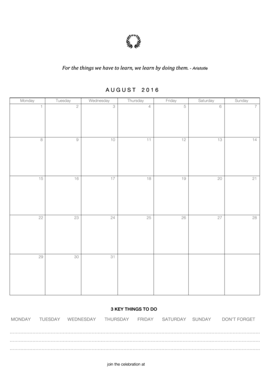 To Do List - 2016 August Calendar Template Printable pdf