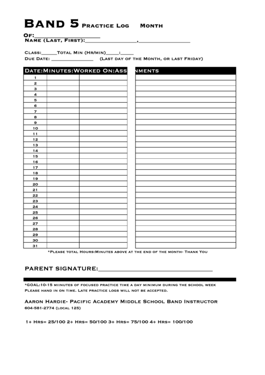 Band Practice Log Template Printable pdf
