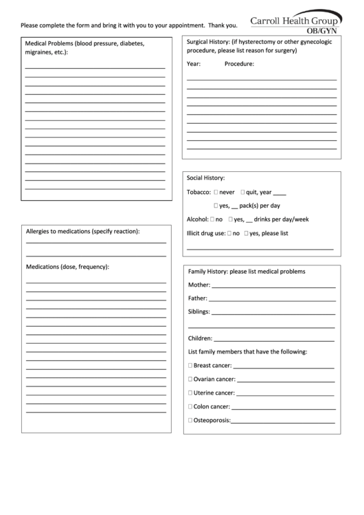 New Patient Form (Ob/gyn) Printable pdf