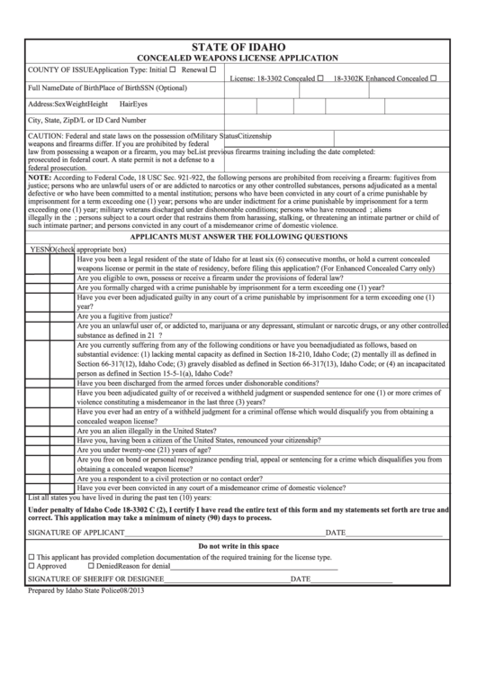 Concealed Weapons Application Form Printable pdf