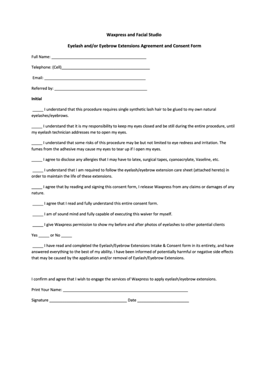 Eyelash And/or Eyebrow Extensions Agreement And Consent Form printable pdf download