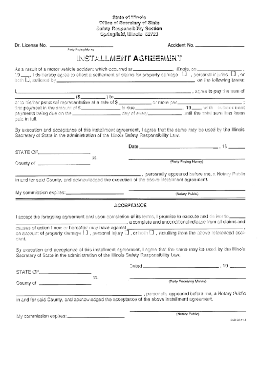 Installment Agreement Template (State Of Illinois Office Of Secretary Of State) Printable pdf