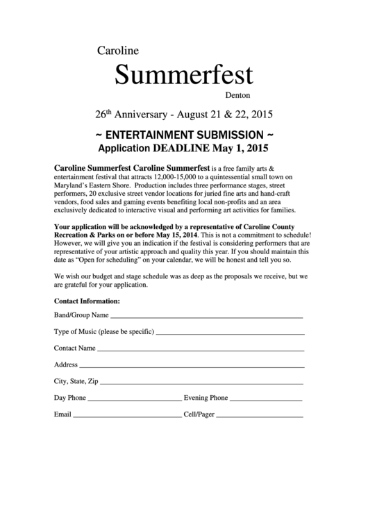 Summerfest Application Form printable pdf download