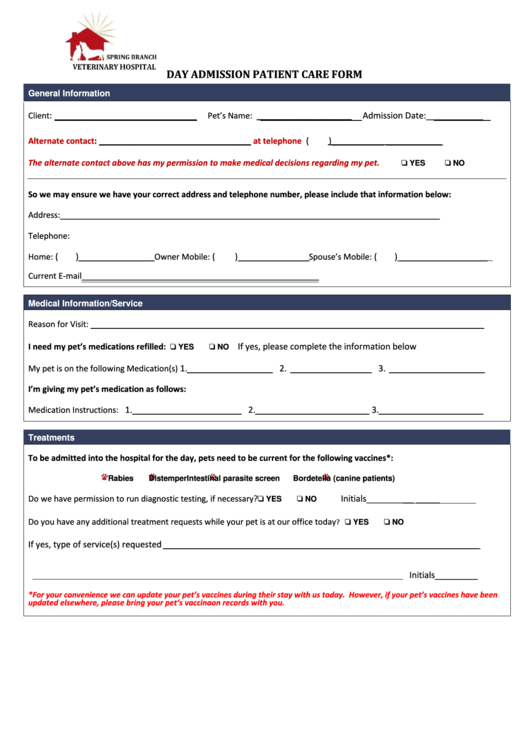 Day Admission Patient Care Form Printable pdf