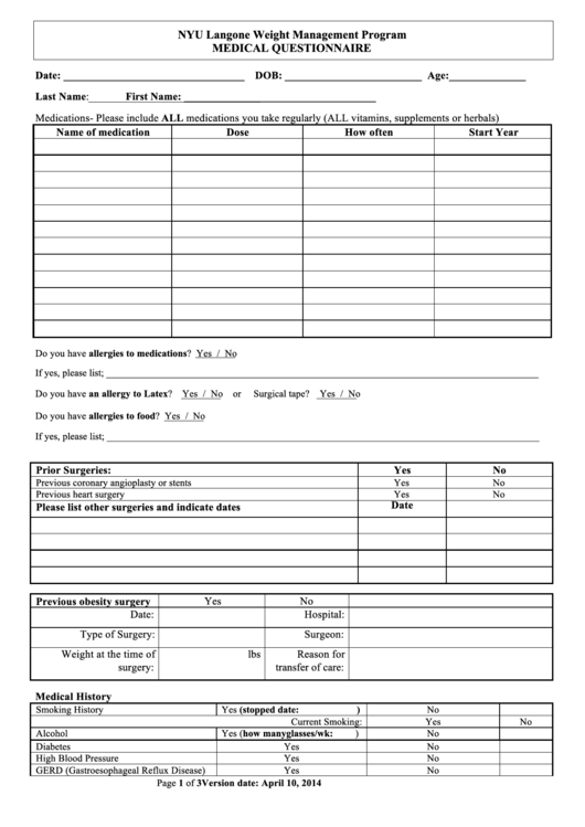 Medical Questionnaire Form Printable pdf