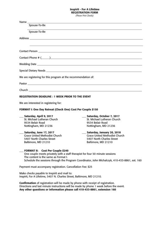 Inspirit - For A Lifetime Registration Form Printable pdf