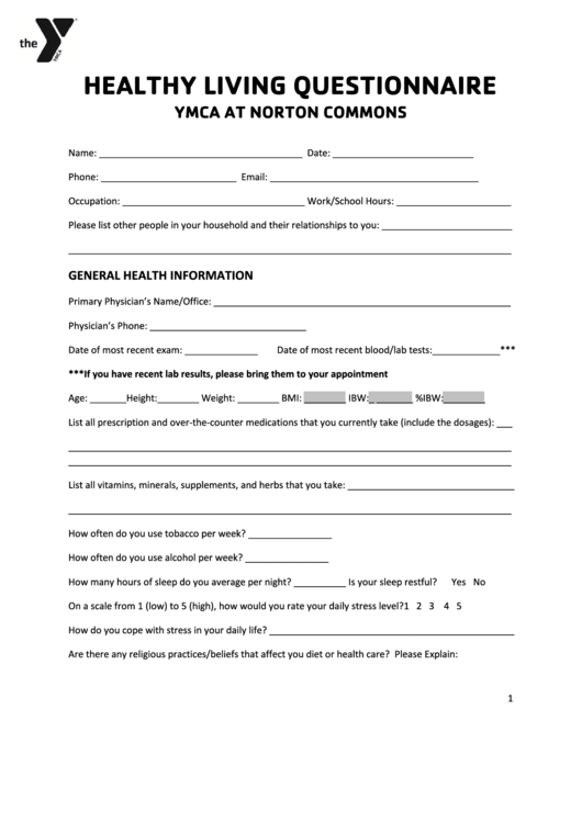 Healthy Living Questionnaire Template - Ymca At Norton Commons Printable pdf