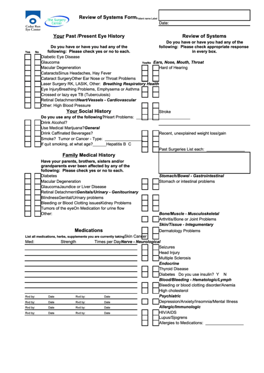 Patient Past/present Eye History Form Printable pdf