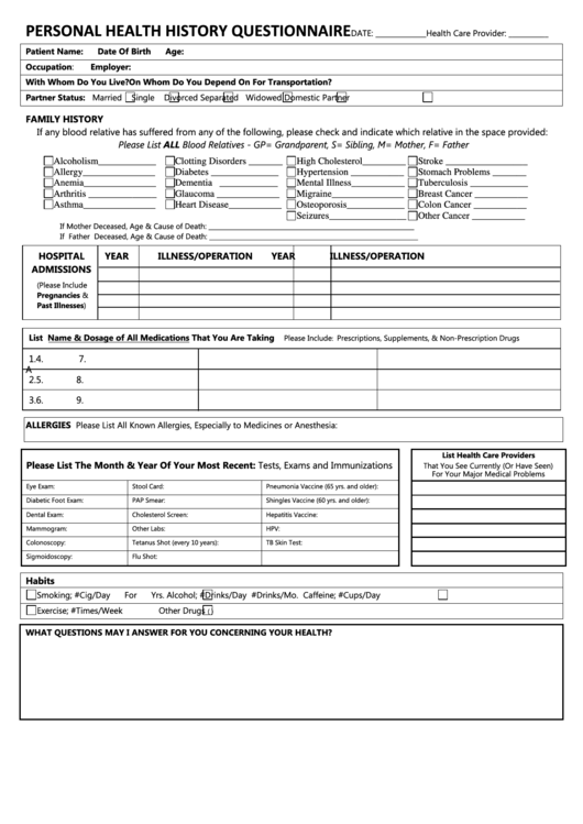 Personal Health History Questionnaire Form Printable pdf