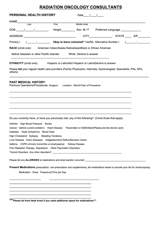 Personal Health History Template - Radiation Oncology Printable pdf