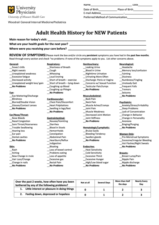 Adult Health History Form For New Patients Printable pdf